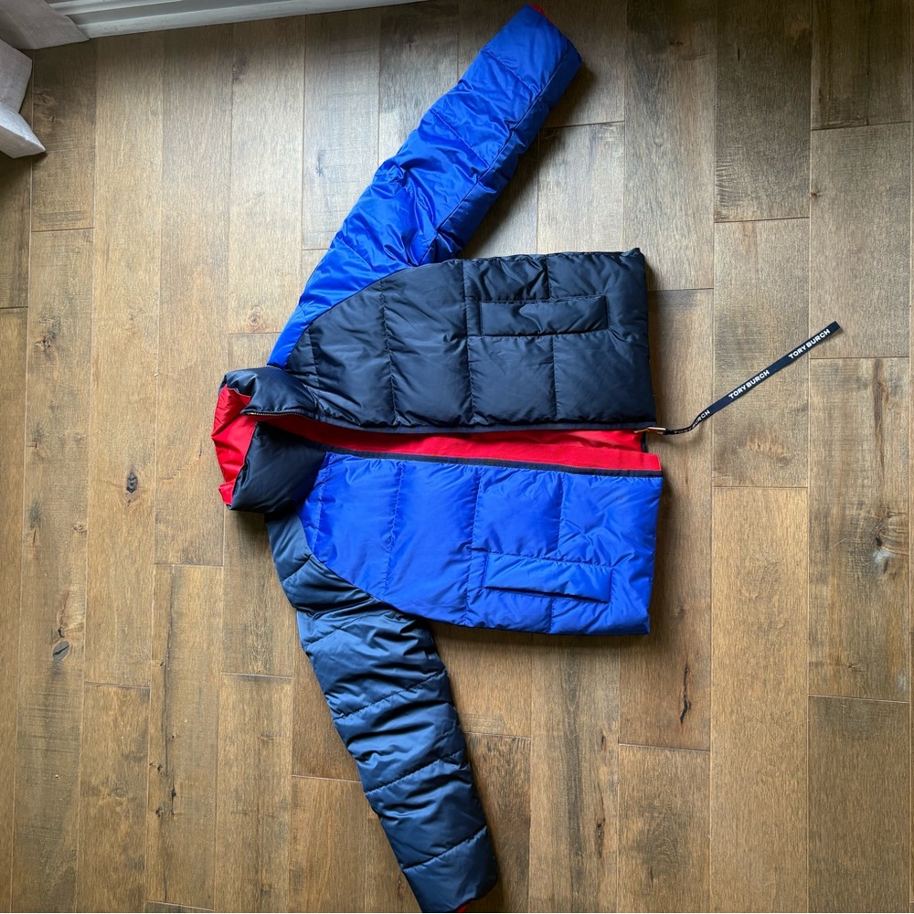 Tory Burch Colorblock Puffer Jacket in Blue and Red